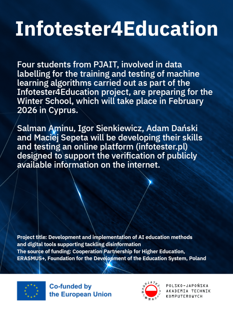 Grafika przedstawiająca napis “Infotester4Education” oraz logotypy Funduszy Europejskich oraz PJATK