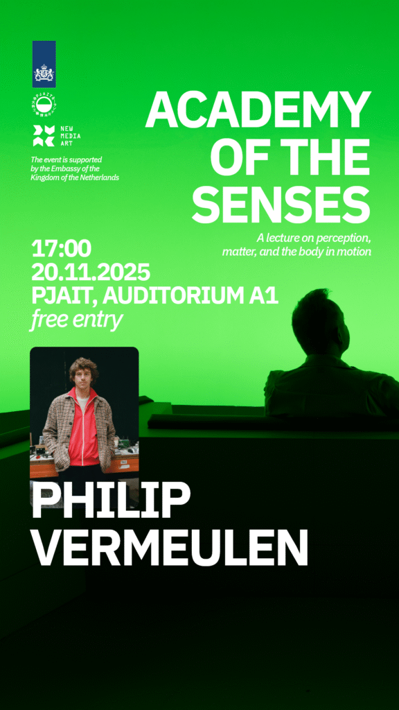 Grafika promująca wykład otwarty „Academy of the Senses” Philipa Vermeulena. Zawiera informacje: 20 listopada 2025, godzina 17:00, aula A1, wstęp wolny. Wydarzenie wspierane przez Ambasadę Królestwa Niderlandów, organizowane przez PJATK i Wydział SNM