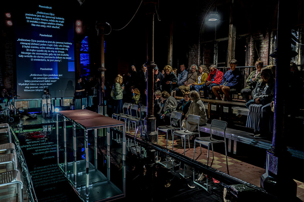 Seria zdjęć z eksperymentalnego spektaklu performatywnego rozgrywającego się na podłodze pokrytej cienką warstwą wody, z publicznością siedzącą bardzo blisko sceny. Na zdjęciach widać aktorkę wykonującą intensywne, fizyczne działania — chodzenie boso po wodzie, wspinanie się na metalowe stoły, przeciąganie materiałów, zanurzanie rąk i ciała w wodzie. Na ekranie za nią wyświetlane są fragmenty tekstów, które odbijają się także na jej ciele. Światło jest teatralne i kontrastowe, a przestrzeń przypomina surową halę z ceglaną ścianą, metalowymi konstrukcjami i widocznym sprzętem scenicznym. Publiczność obserwuje występ z bliska, otaczając scenę z dwóch stron.