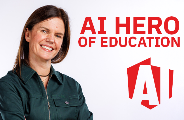 Portret Marty Godzisz, uśmiechniętej kobiety w zielonej koszuli, na jasnym tle. U góry duży czerwony napis ‘AI HERO OF EDUCATION’. Po prawej stronie znajduje się logo AI oraz tekst: ‘Marta Godzisz, Dyrektor Centrum Kształcenia Podyplomowego oraz programów MBA dla branży IT w Polsko-Japońskiej Akademii Technik Komputerowych’. Na dole umieszczone są logotypy PJAIT, Centrum Kształcenia Podyplomowego i Studiów MBA.