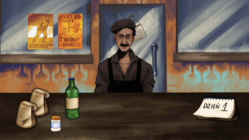 Rysunkowa scena z gry przedstawiająca mężczyznę w czapce i fartuchu stojącego za ladą w stylizowanym wnętrzu przypominającym zakład pracy z czasów PRL. Na ścianie wiszą propagandowe plakaty, a na ladzie leżą dwa papierowe pakunki, butelka, mały pojemnik i kalendarzyk z napisem „Dzień 1”. Za mężczyzną widać zamknięte drzwi z kartką „Zamknięte”.