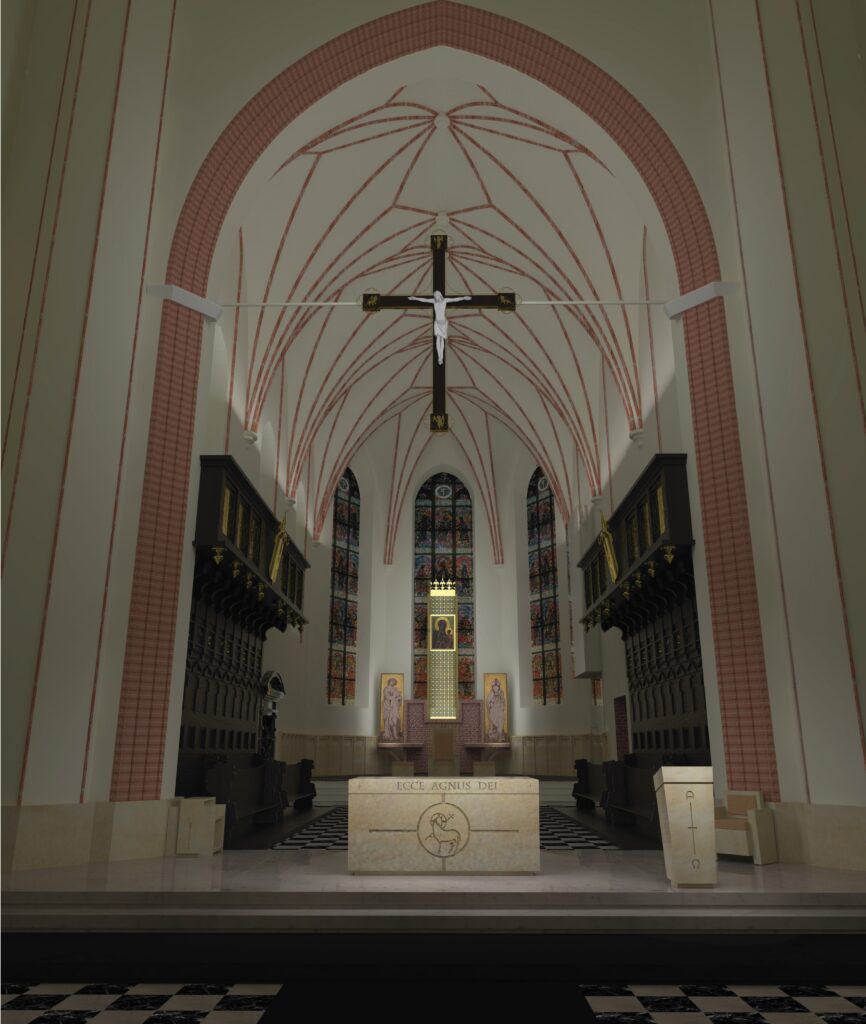 Wnętrze katedry warszawskiej – projekt rewitalizacji autorstwa Joanny Walendzik-Stefańskiej, widok prezbiterium z ołtarzem i krucyfiksem.