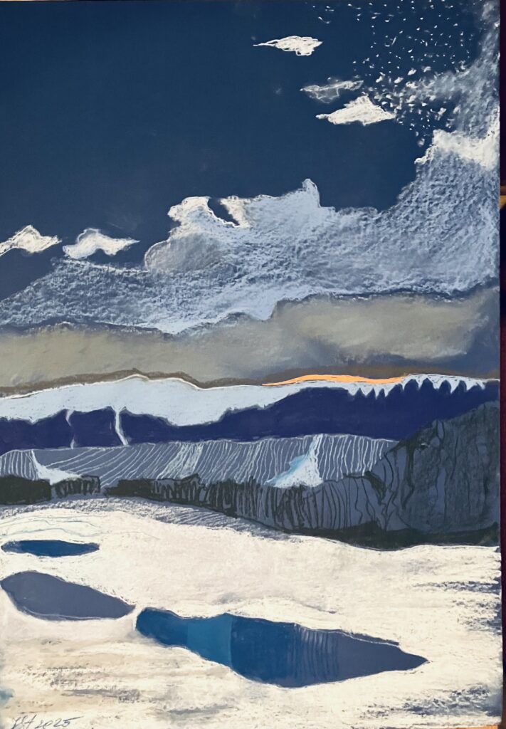 Pastel na papierze autorstwa Joanny Walendzik-Stefańskiej z cyklu „Błękitne”, format 70 × 100 cm – abstrakcyjny pejzaż w odcieniach błękitu.