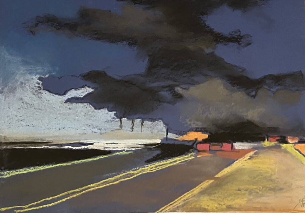 Pastel na papierze autorstwa Joanny Walendzik-Stefańskiej z cyklu „Droga”, 2025, format 70 × 100 cm – pejzaż z motywem drogi.