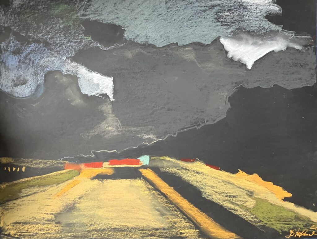 Pastel na papierze autorstwa Joanny Walendzik-Stefańskiej z cyklu „Droga”, 2025, format 70 × 100 cm – pejzaż z perspektywą drogi.