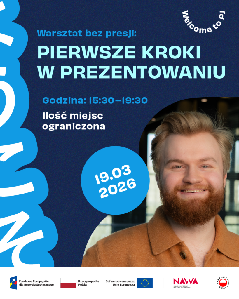 Grafika promująca warsztaty „FIRST STEPS TO PUBLIC SPEAKING” z hasłem „Practice without pressure”. Na granatowym tle widać informacje: Time: 3:30 PM – 7:30 PM, „Limited number of participants”, data w niebieskim kółku 20.03.2026 oraz napis pod kątem „Welcome to PJ”. Po prawej znajduje się zdjęcie uśmiechniętej kobiety o rudych włosach. Na dole pasek z logotypami instytucji (m.in. Fundusze Europejskie, Rzeczpospolita Polska, UE, NAWA, PJATK).