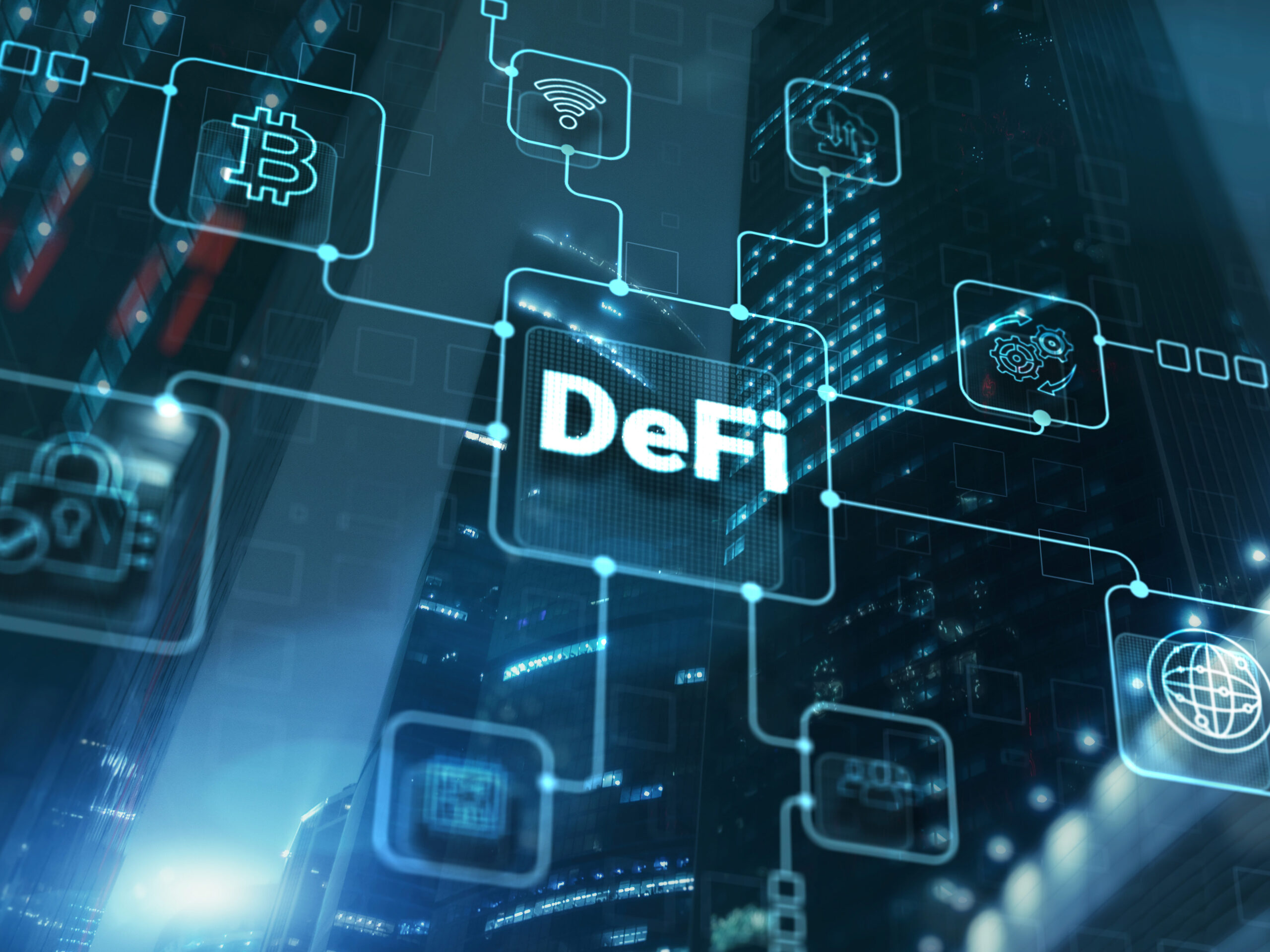 DeFi Decentralized Finance. Technology blockchain cryptocurrency concept.
