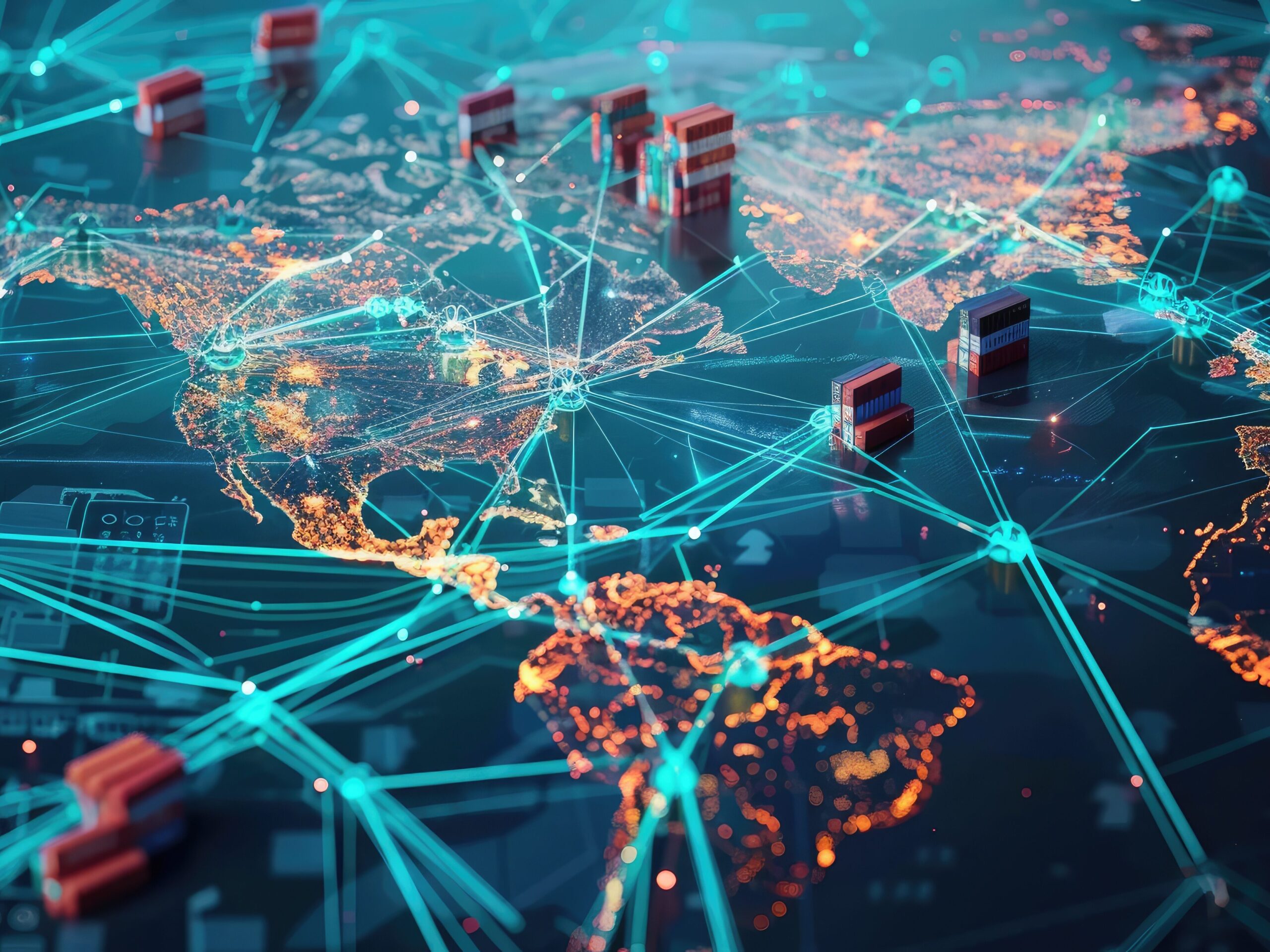 Global supply chain network with interconnected shipping routes and distribution hubs.
