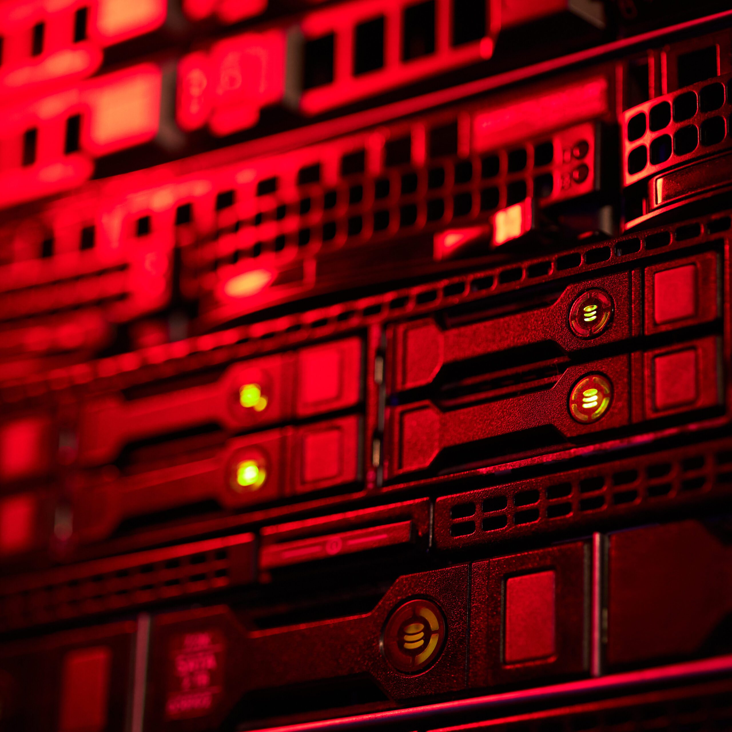 Closeup of high-tech equipment in a data center illuminated with red lighting creating an intense atmosphere. Detailed view of server components emphasizing modern technology