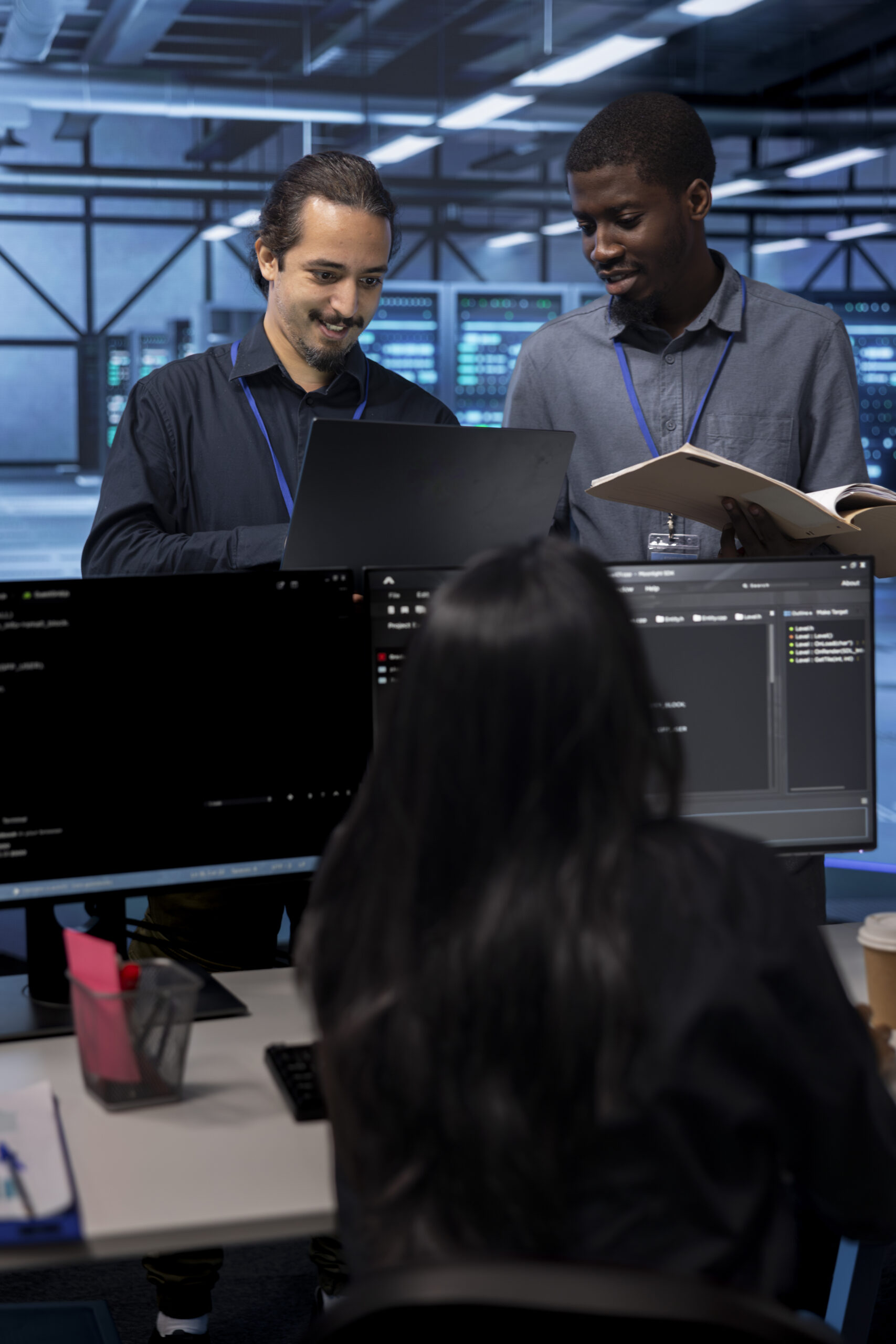 Cheerful teamworking engineers in data center looking for firewall misconfigurations affecting servers. Happy multiethnic employees checking systems bottlenecks leading to sluggish data transfer rates
