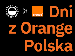 Plakat promujący „Dni z Orange Polska” na PJATK. Na czarnym tle widoczne są logotypy PJATK i Orange oraz duży pomarańczowy napis „Dni z Orange Polska”. Podane daty wydarzenia: 14.04 i 15.04. Dodatkowo widnieje hasło: „Chcesz wejść do IT, ale nie wiesz, od czego zacząć?” oraz angielska wersja: „Days with Orange Poland”.