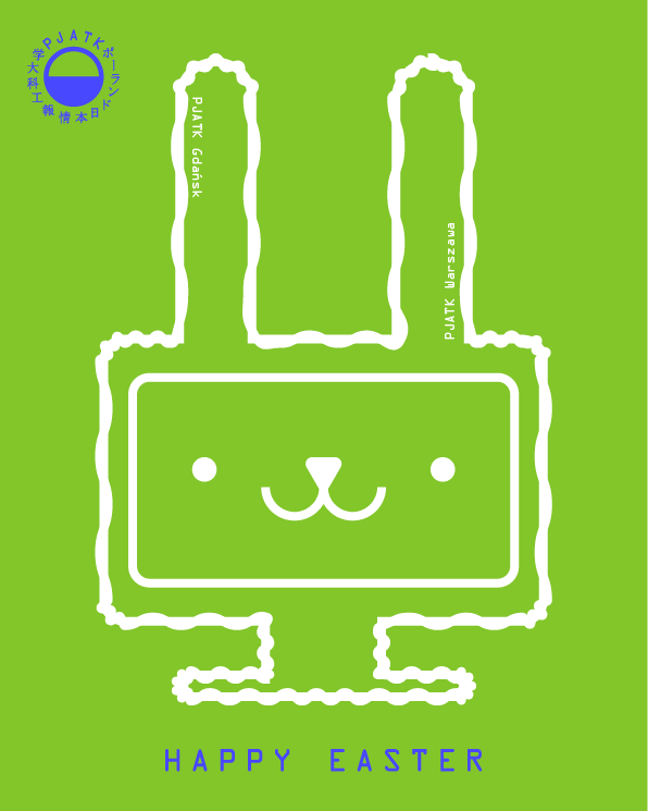 Green background with a minimalist white line illustration of a bunny shaped like an electrical plug, featuring a simple smiling face. Vertical text on the ears reads “PJAIT Gdańsk” and “PJAIT Warsaw.” The PJAIT logo appears in the top left, and “HAPPY EASTER” is written at the bottom in blue. życzenia