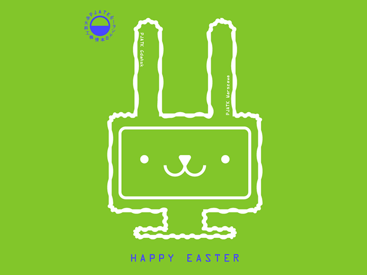 A green background with a minimalist white line illustration of a bunny shaped like an electrical plug, featuring a simple smiling face. Vertical text on the ears reads “PJAIT Gdańsk” and “PJAIT Warsaw.” The PJAIT logo appears in the top left, and “HAPPY EASTER” is written at the bottom in blue.