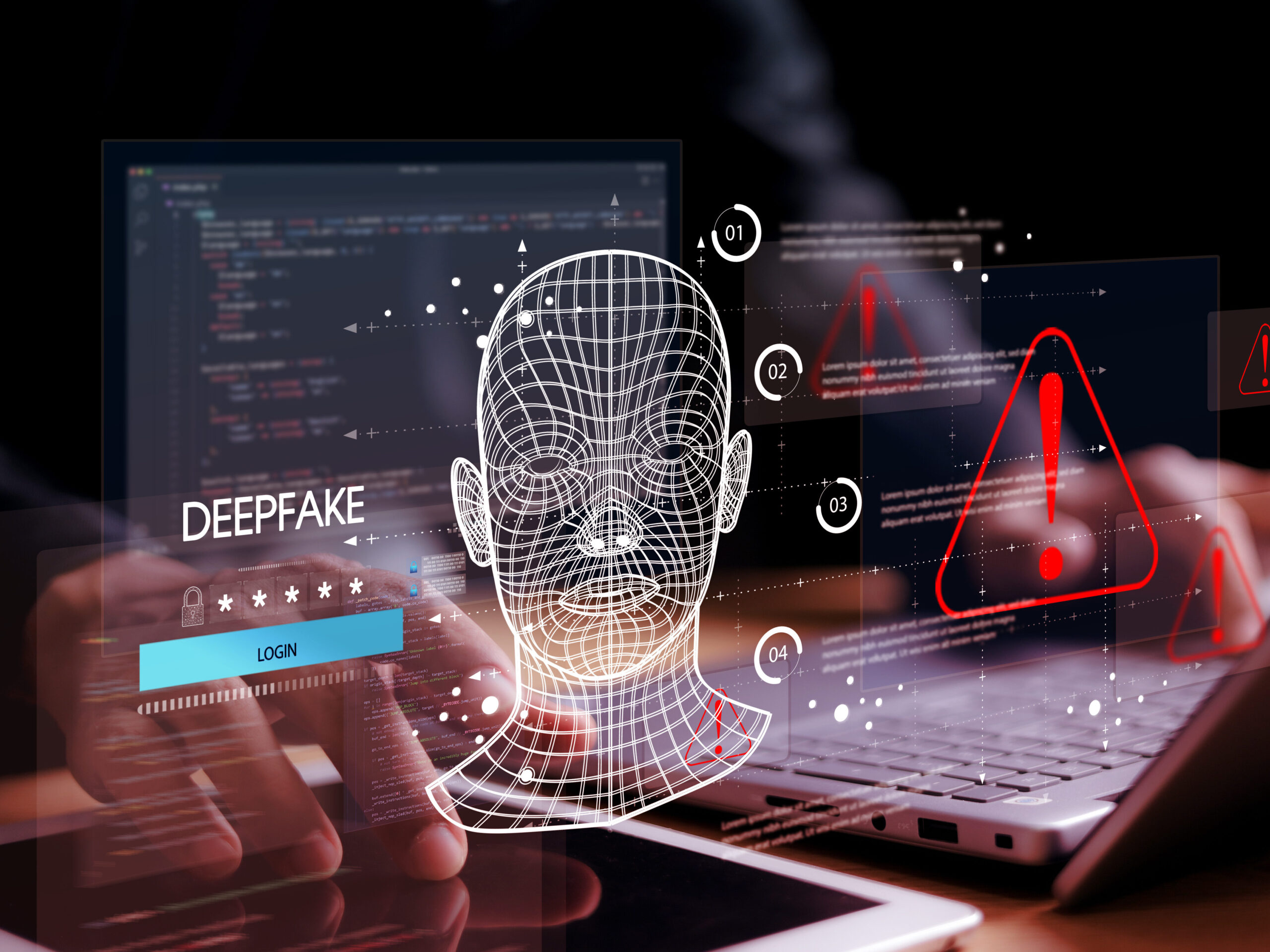 Deepfake concept ,Facial tracking, detection and recognition technology, Security system. Cyber security and Security password login online concept.