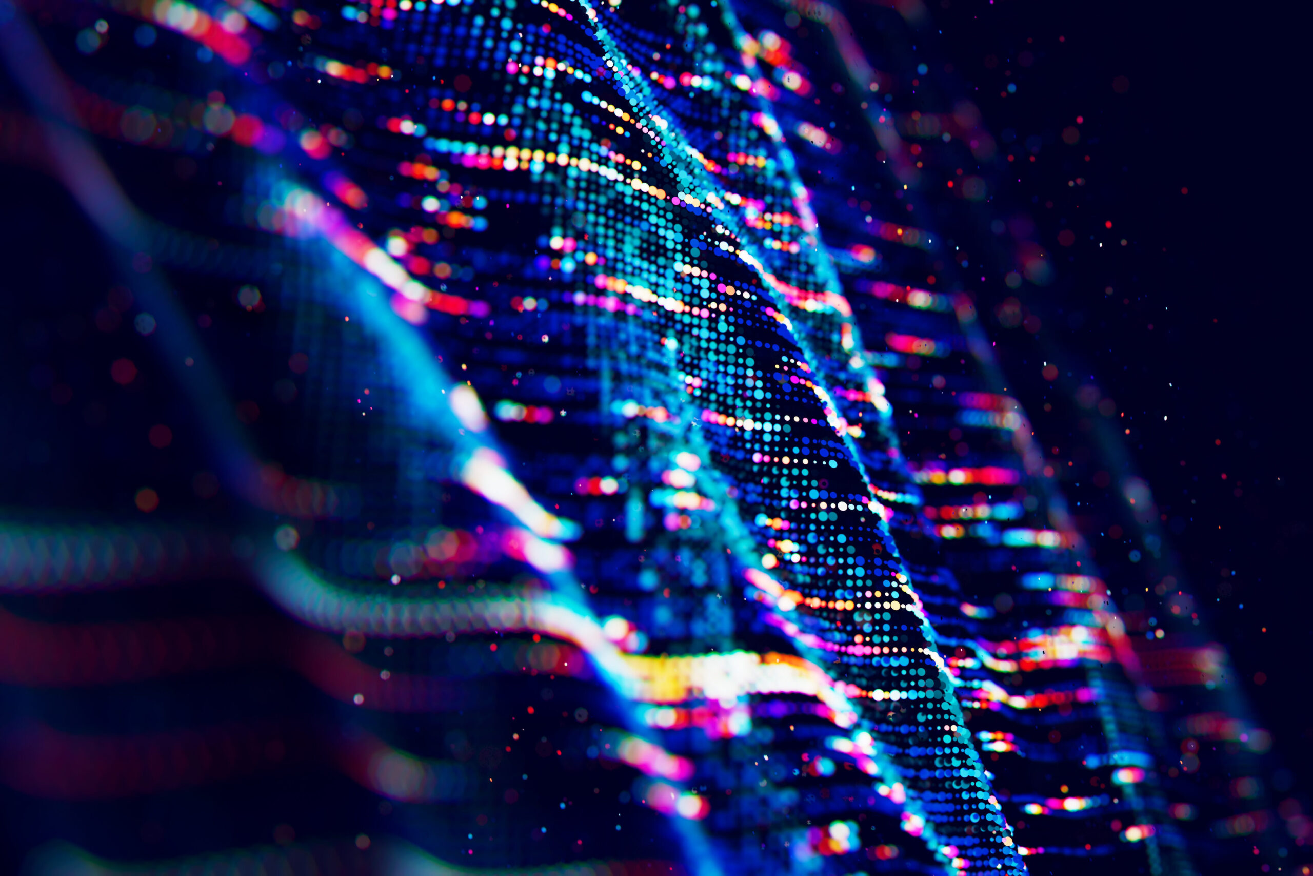 Abstract Big data digital stream waves. Information flow concept. LLM learning process, AI technology. Quantum computing. 3d render illustration.