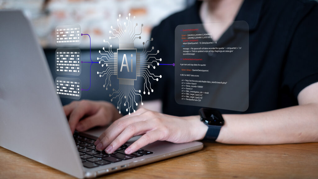Person using AI artificial intelligence in vibe coding software development programming creativity information system engineer assistant tool, digital transformation workflow technology concept