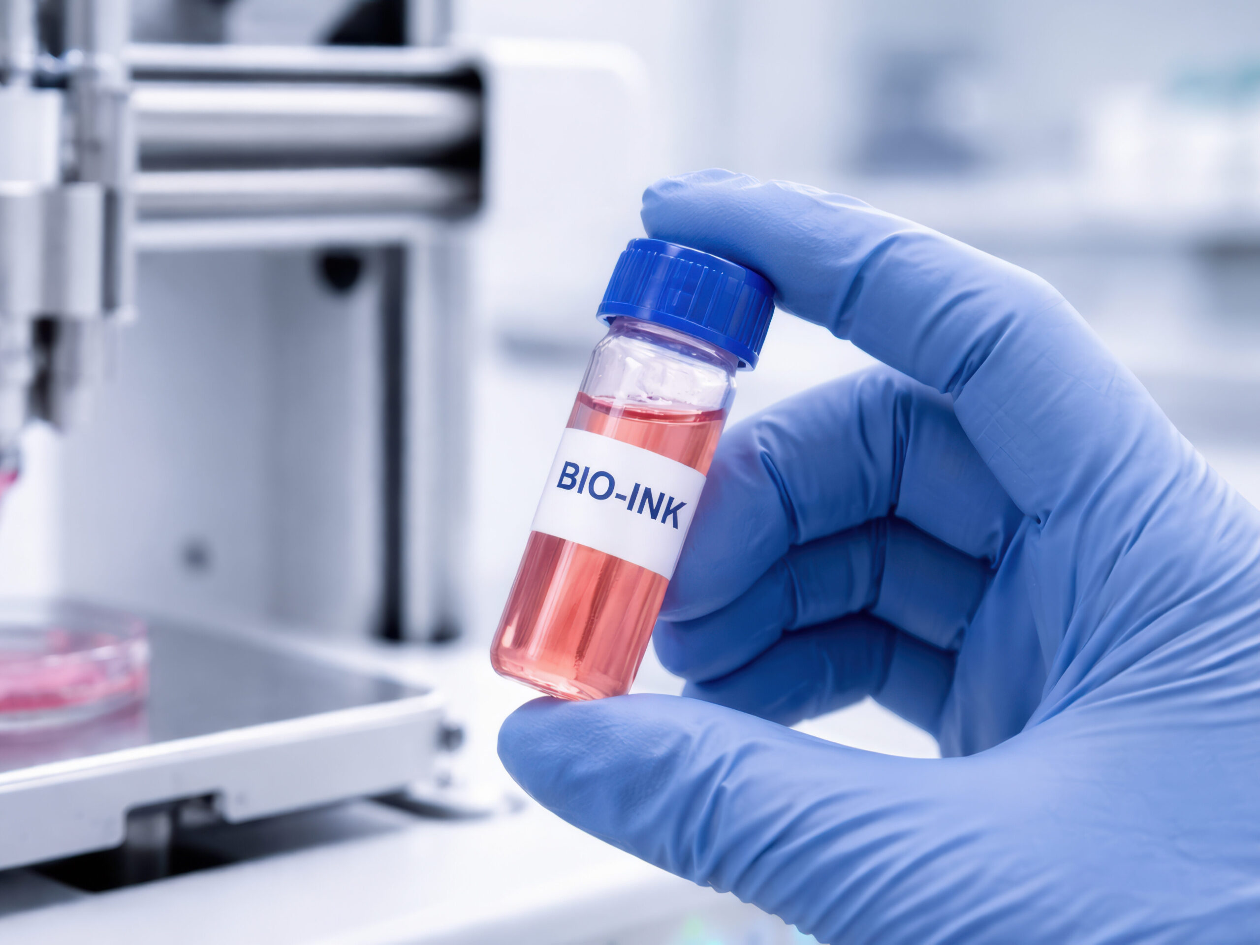 Surgery technology 3d bioprinting implants laboratory research hand glove blue bottle bioink medical future precision healthcare