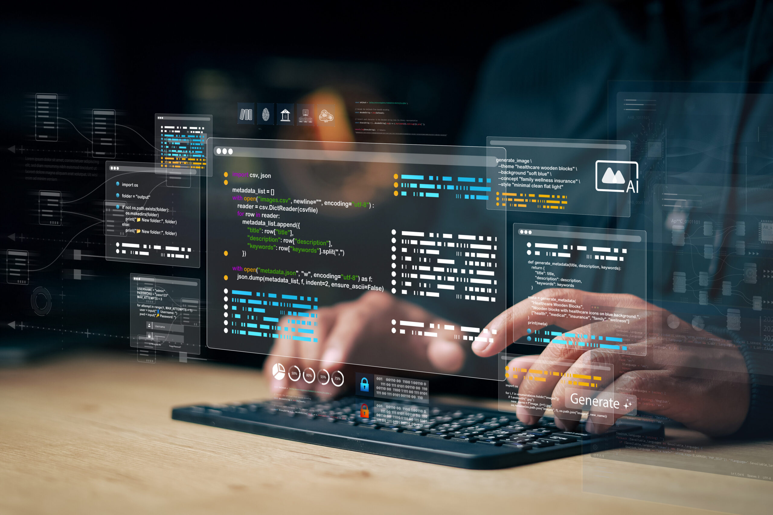 Developer using AI-powered code generation interface on virtual screen with programming scripts, data panels, and automation system. Concept of artificial intelligence software development.