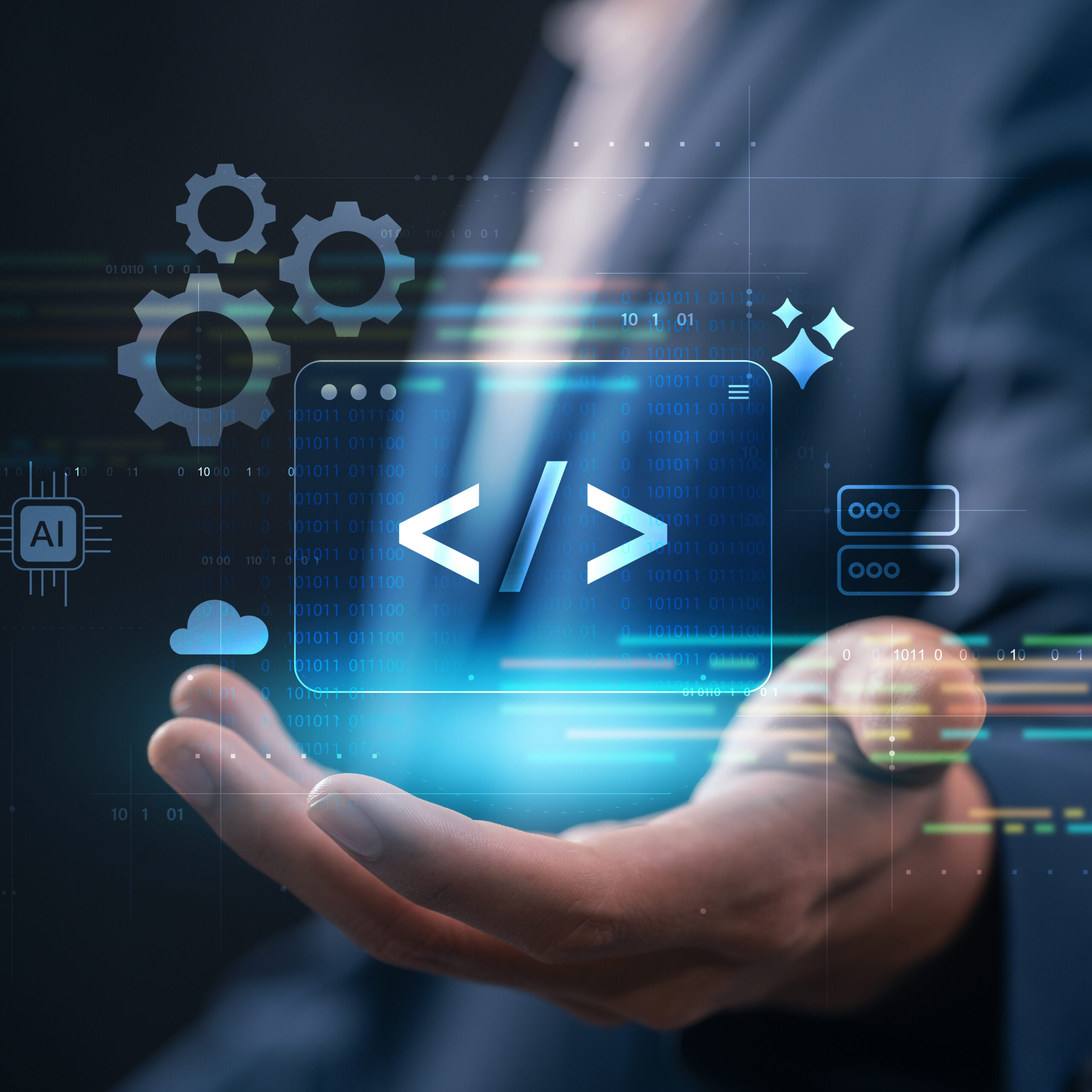 Low code no code development and programming concept with professional presenting virtual coding ai automation, cloud computing, and software integration for efficient application development
