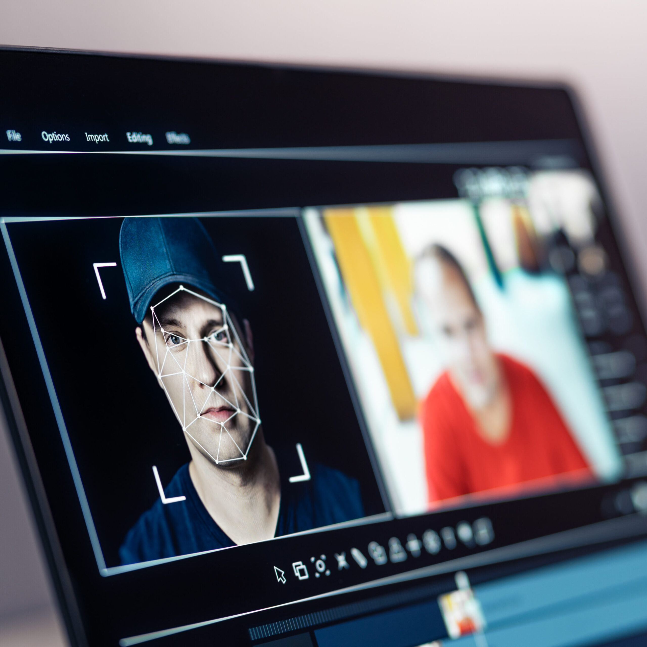 Deep fake, AI and face swap in video edit. Deepfake and machine learning. Facial tracking, detection and recognition technology. Digital identity interchange. Computer software mockup. Fraud picture.