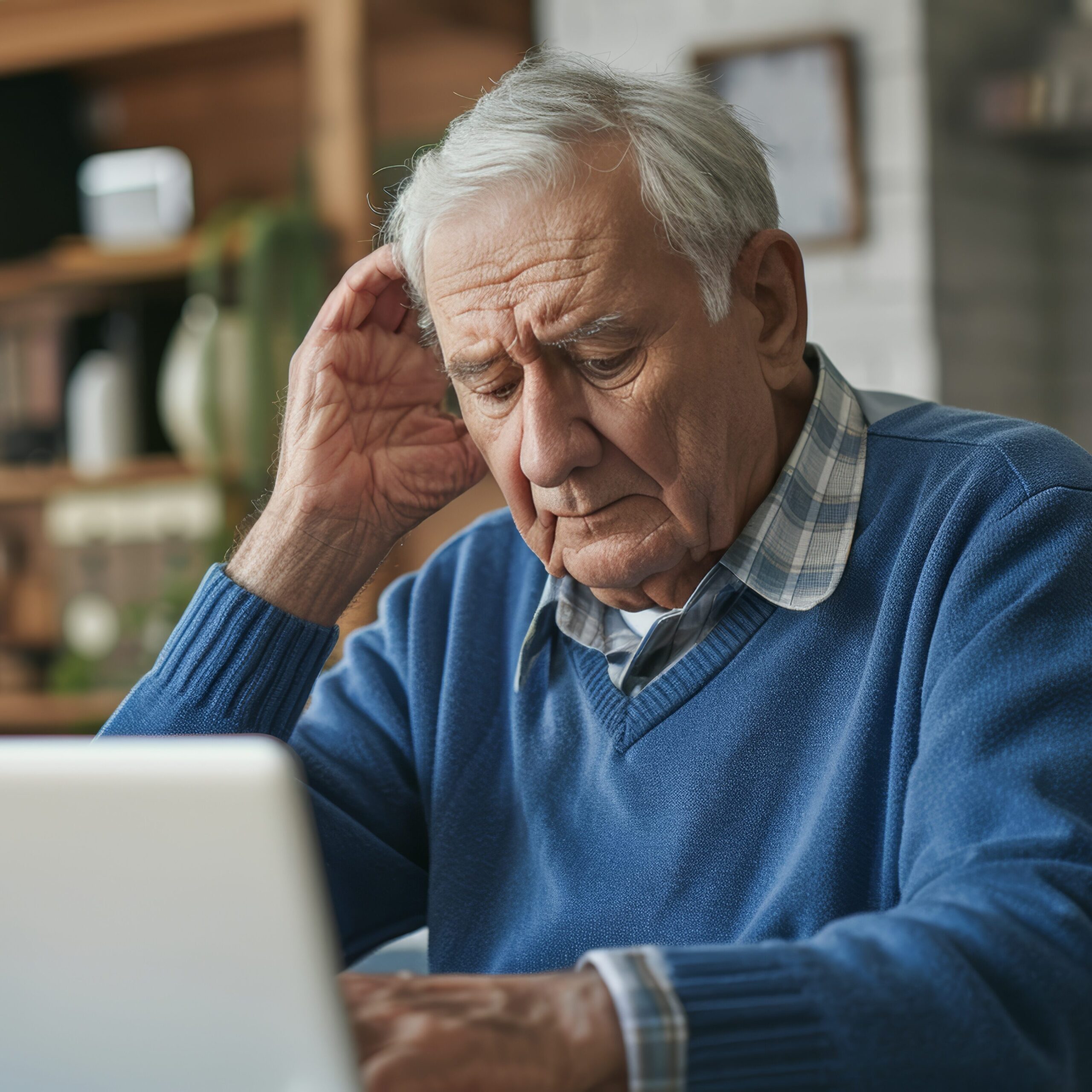 A senior man in a blue sweater is visibly frustrated, holding his head while trying to use a laptop at home, depicting the difficulties older adults often encounter with technology.