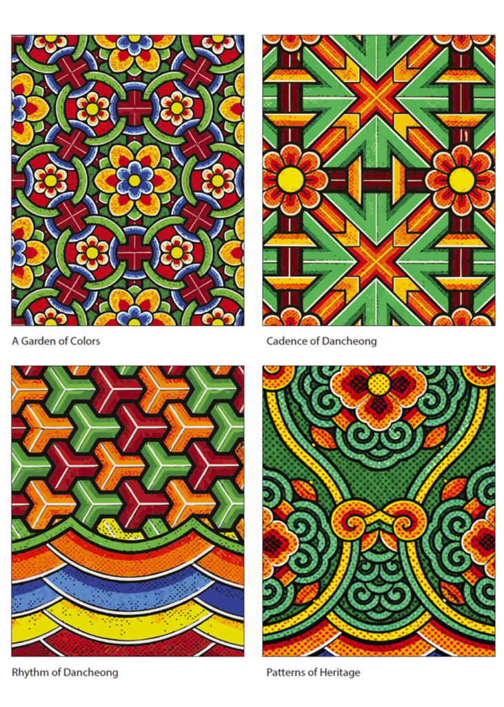 Plansza z czterema kolorowymi, geometryczno-roślinnymi wzorami inspirowanymi koreańskim zdobnictwem Dancheong, podpisanymi: „A Garden of Colors”, „Cadence of Dancheong”, „Rhythm of Dancheong” i „Patterns of Heritage”.