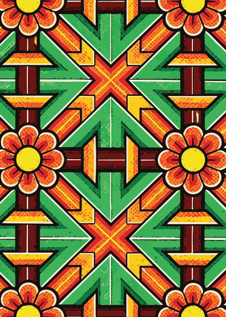 Kolorowy, symetryczny wzór inspirowany koreańskim zdobnictwem Dancheong, z zielonymi, czerwonymi, żółtymi i pomarańczowymi motywami geometrycznymi oraz kwiatowymi.