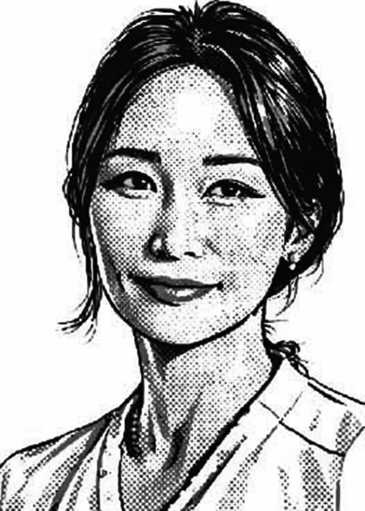 Czarno-biały, komiksowy portret kobiety wykonany techniką rastrową.