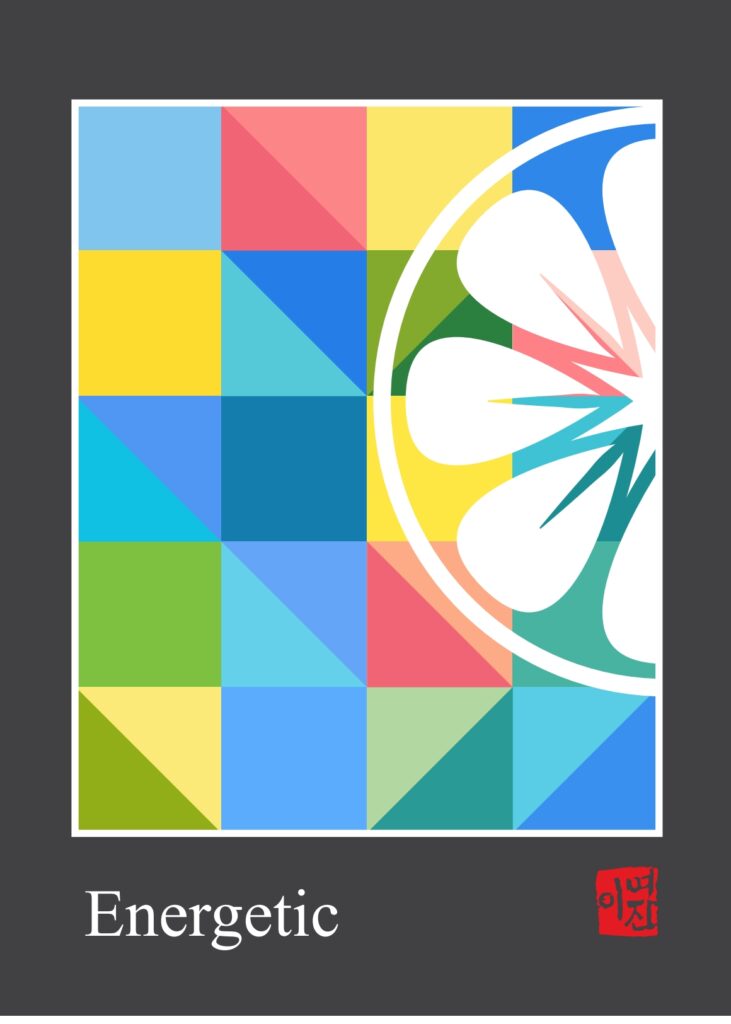 Abstrakcyjna grafika z geometrycznym wzorem w żywych kolorach i napisem „Energetic”.
