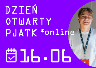 Grafika promująca PJAIT Open Day online. Na fioletowym tle znajdują się logo Polish-Japanese Academy of Information Technology, zdjęcia studentów podczas wydarzenia oraz budynku PJATK. Tekst informuje o wydarzeniu online 16.06.2026, z sesją w języku angielskim w godz. 14.00–15.00 i w języku polskim w godz. 15.00–16.00.